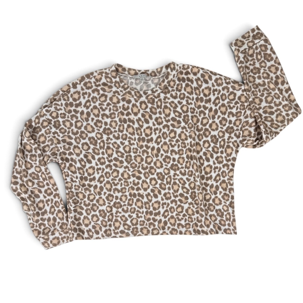 Gaze Leopard Print Cropped Lightweight Sweatshirt Women Med Tan Brown Soft Knit